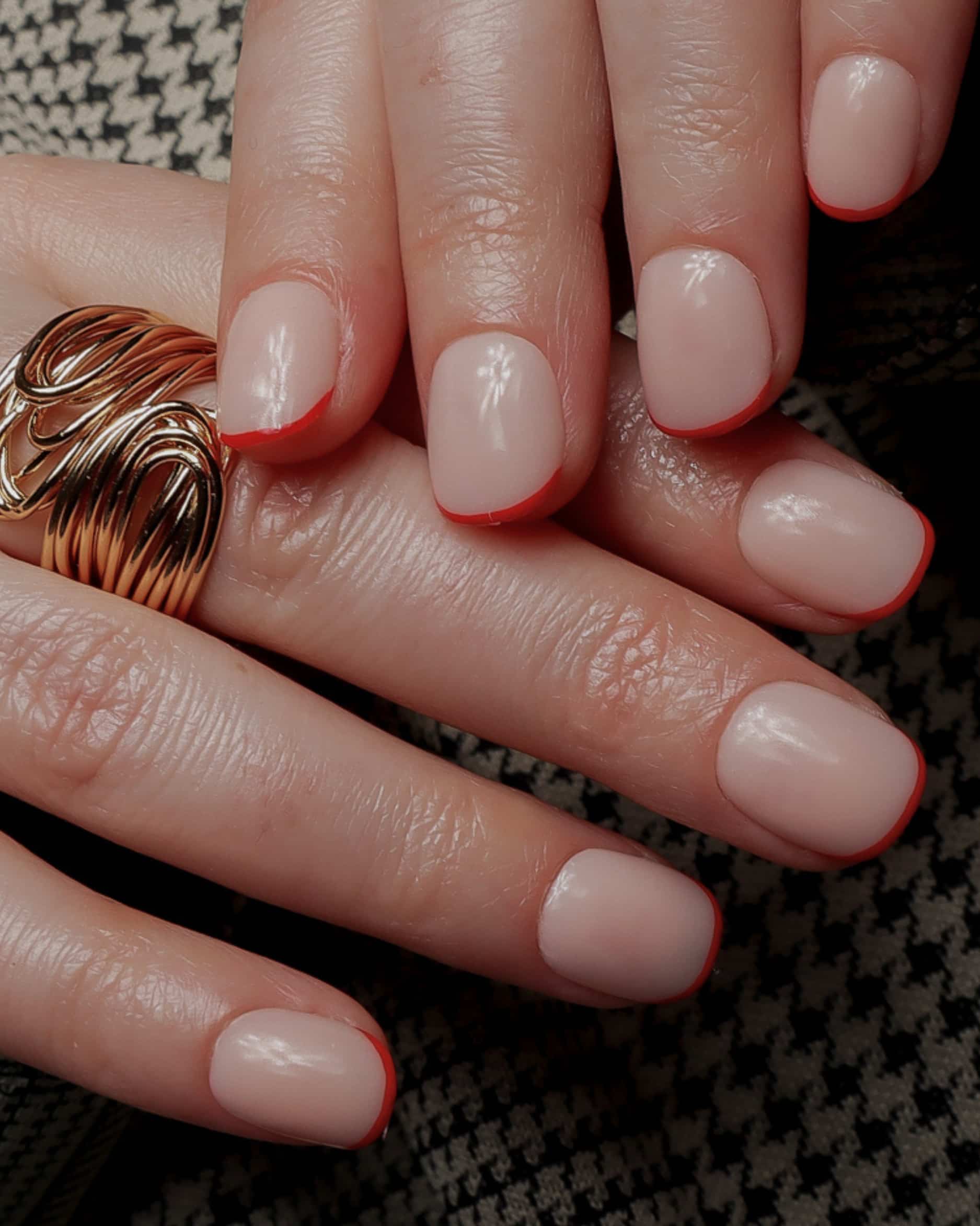 Micro Red French nails. Reusable nail extensions. Short square French nails. 