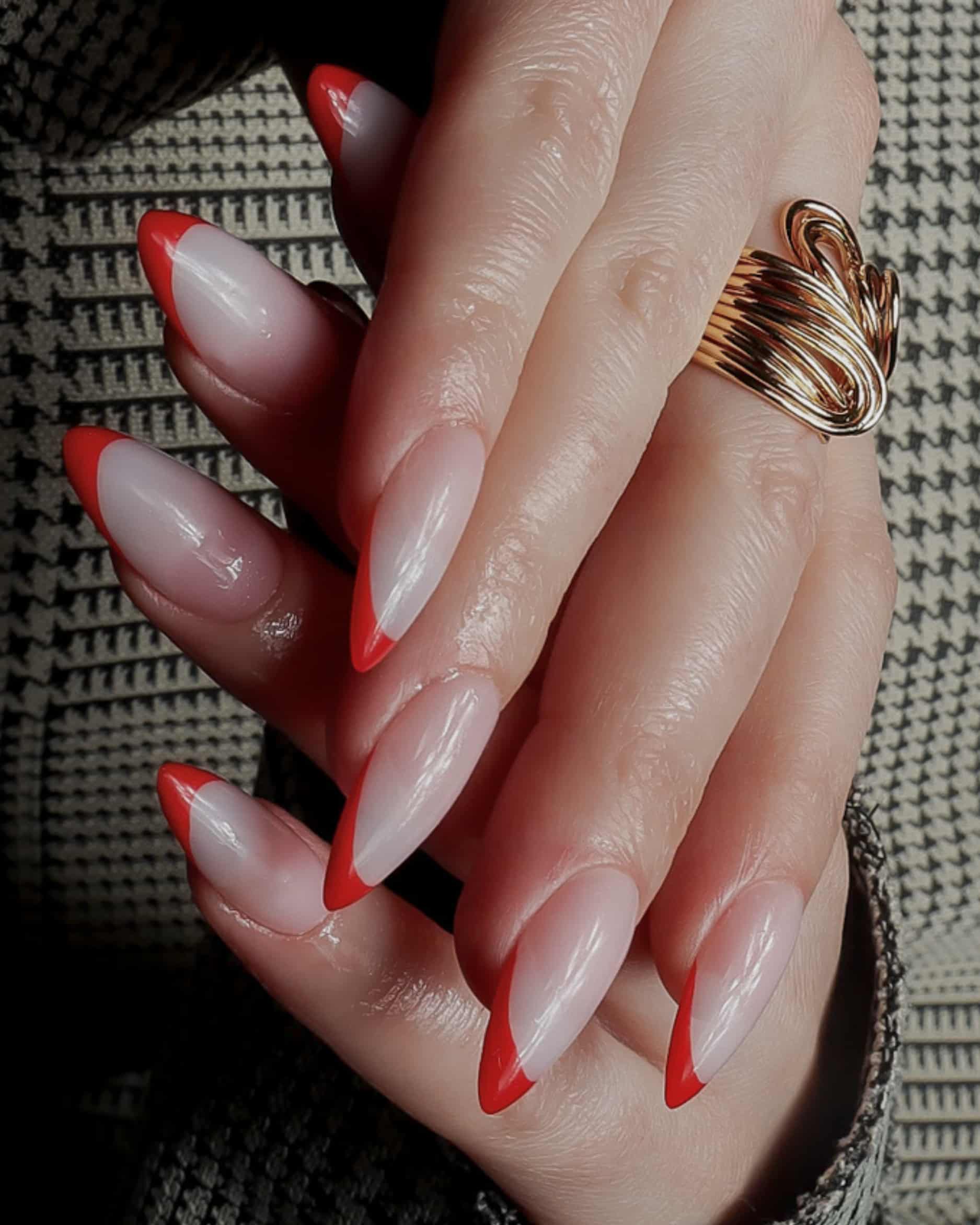 Red French nails. Reusable nail extensions. Long almond French nails. 