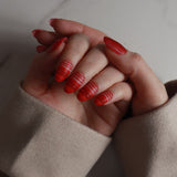 Striped Nails designed. Red striped nails. Fall nail extensions. Reusable nail extensions by Inglass Nails. 