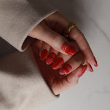 Striped Nails designed. Red striped nails. Fall nail extensions. Reusable nail extensions by Inglass Nails. 