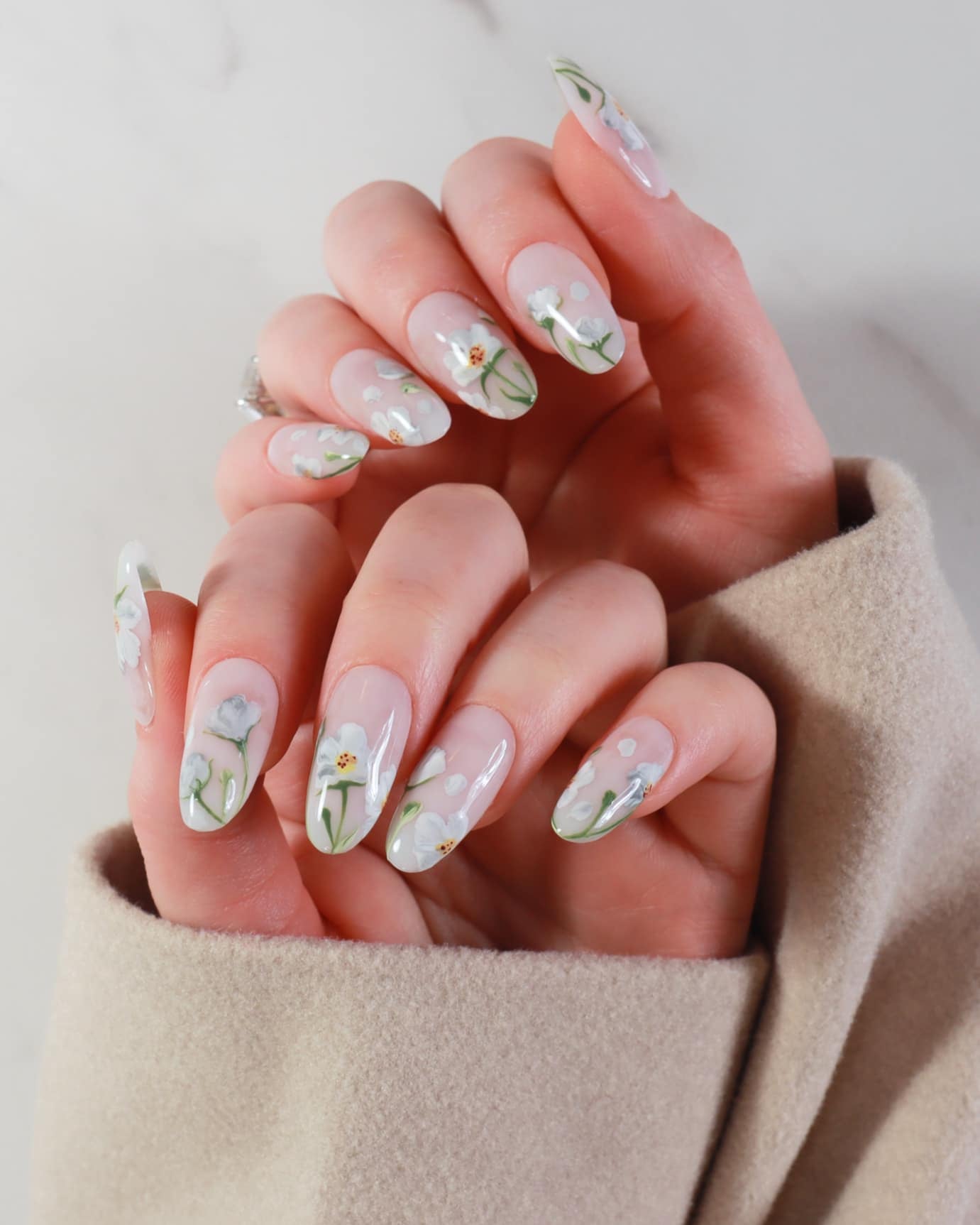 white handpainted flowers