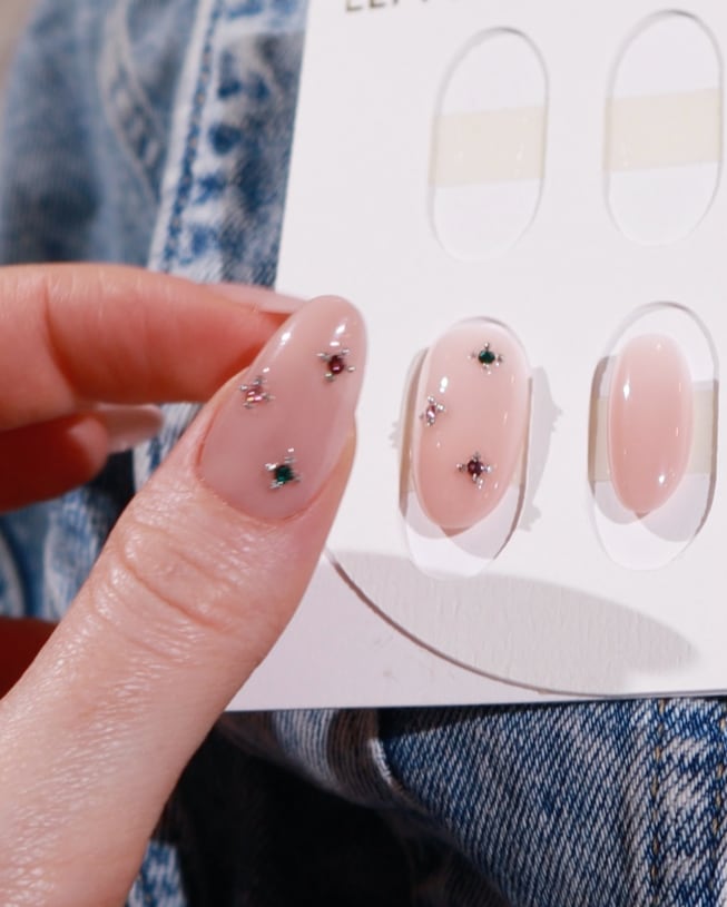 Hard gel nail extensions with crystals by inglass nails. 