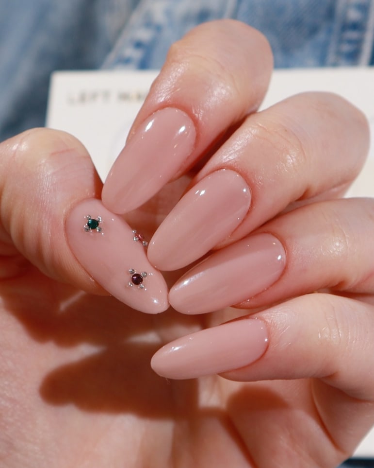 Hard gel nail extensions with crystals by inglass nails. 