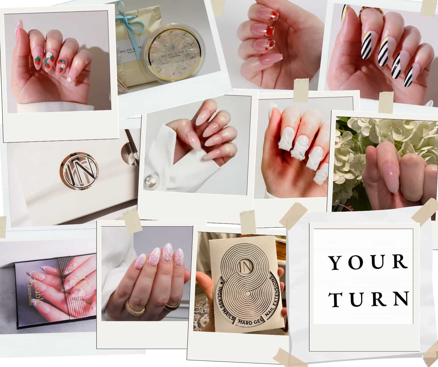 Collage of hands with various nail designs and a white box with a gold ring.